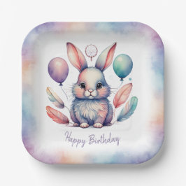 Plato De Papel Cute Watercolor Bunny Rabbit Balloons Birthday 