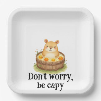 Plato De Papel Cute Watercolor Capybara in Hot Tub with Oranges &