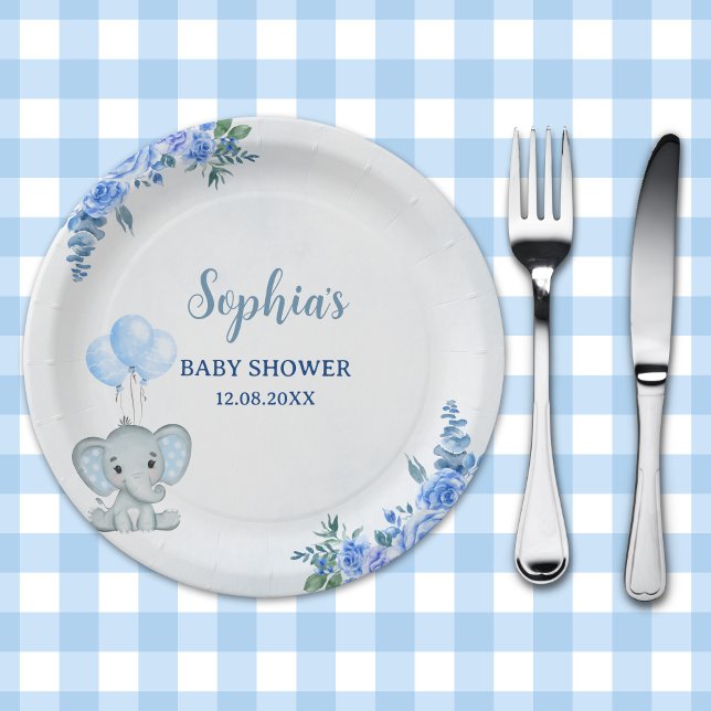 Plato De Papel Cute Watercolor Elephant baby shower Boy (Subido por el creador)