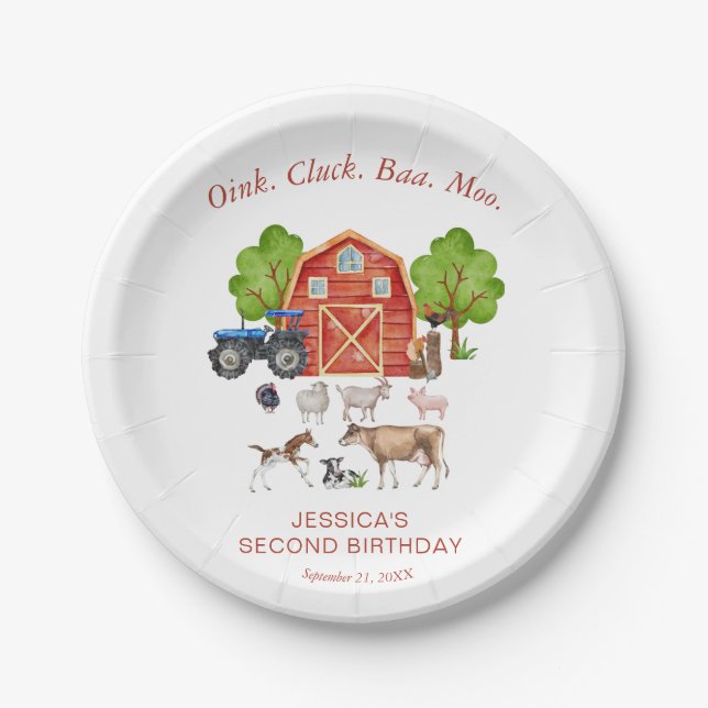 Plato De Papel Cute Watercolor Farm Animales Niños Cumpleaños (Anverso)