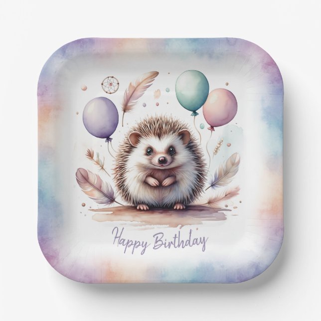 Plato De Papel Cute Watercolor Hedgehog with Balloons Birthday  (Anverso)