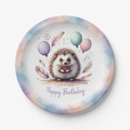 Plato De Papel Cute Watercolor Hedgehog with Balloons Birthday