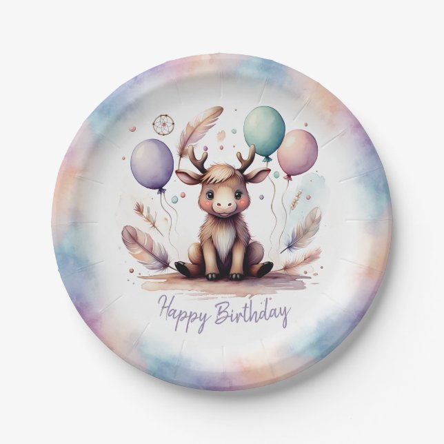 Plato De Papel Cute Watercolor Moose with Balloons Birthday  (Anverso)