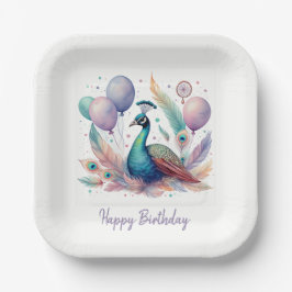 Plato De Papel Cute Watercolor Peacock Balloons Birthday 