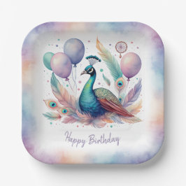 Plato De Papel Cute Watercolor Peacock Balloons Birthday 