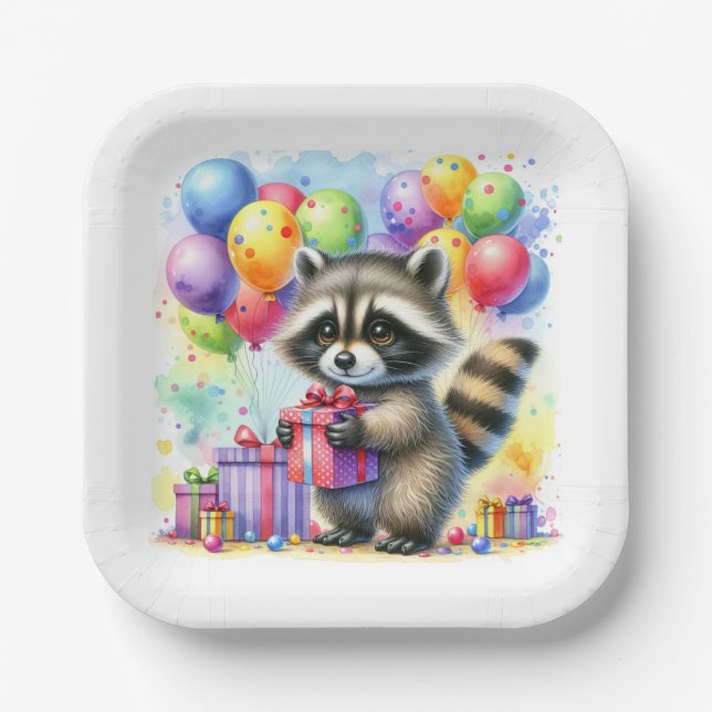 Plato De Papel Cute Watercolor Personalizado Raccoon Cumpleaños (Anverso)