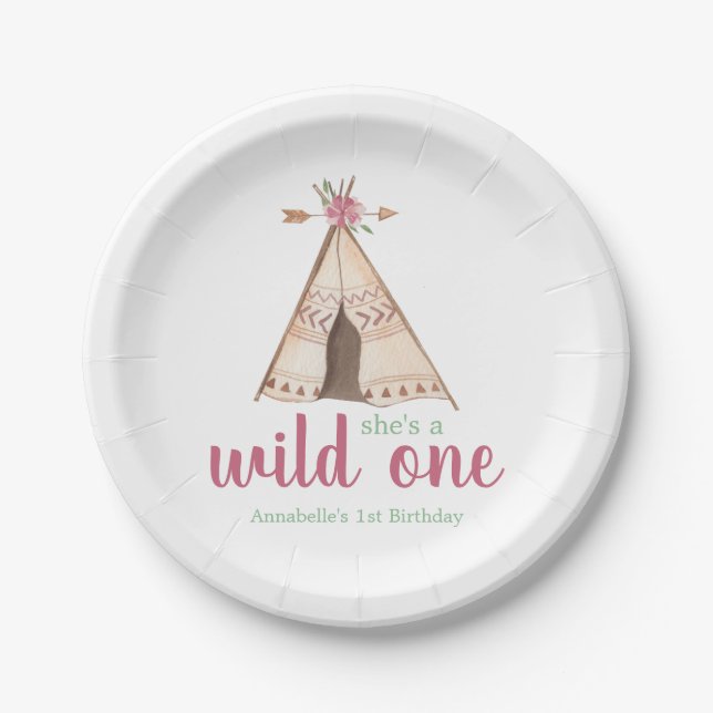 Plato De Papel Cute Watercolor Teepee Boho Primer cumpleaños (Anverso)