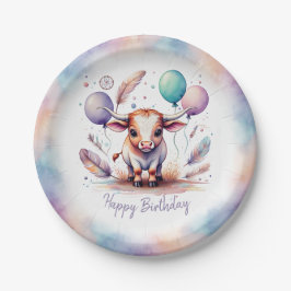 Plato De Papel Cute Watercolor Texas Longhorn Balloons Birthday 