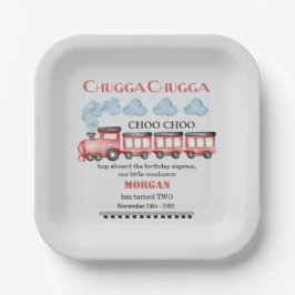 Plato De Papel Cute Watercolor Tren rojo segundo cumpleaños