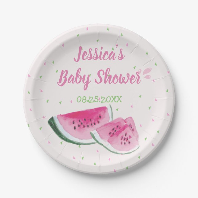 Plato De Papel Cute Watercolor Watermelon Baby Shower (Anverso)
