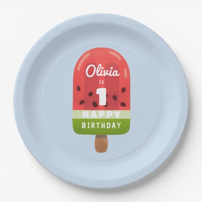 Plato De Papel Cute Watermelon Popsicle 1º cumpleaños (Anverso)