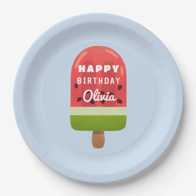 Plato De Papel Cute Watermelon Popsicle Feliz cumpleaños (Anverso)