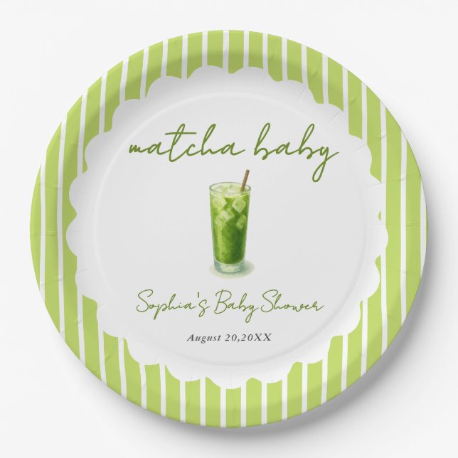 Plato De Papel Cute Wavy Matcha Baby Green Modern Baby Shower (Anverso)