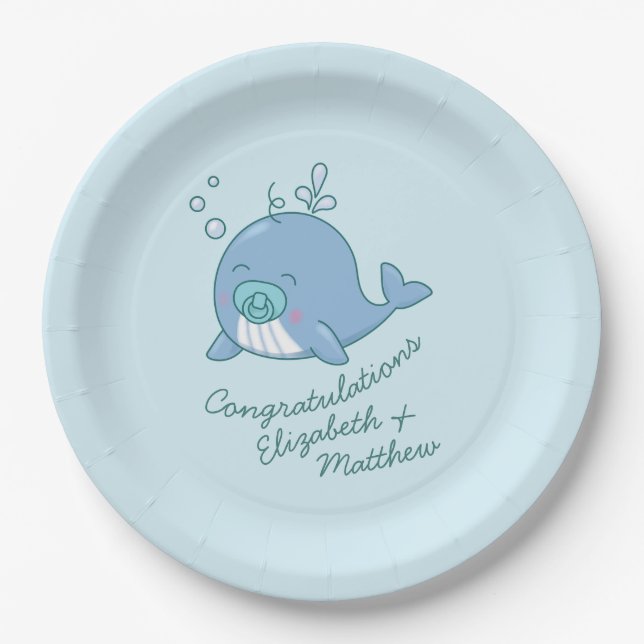 Plato De Papel Cute Whale Baby Shower Kawaii Boy Blue (Anverso)