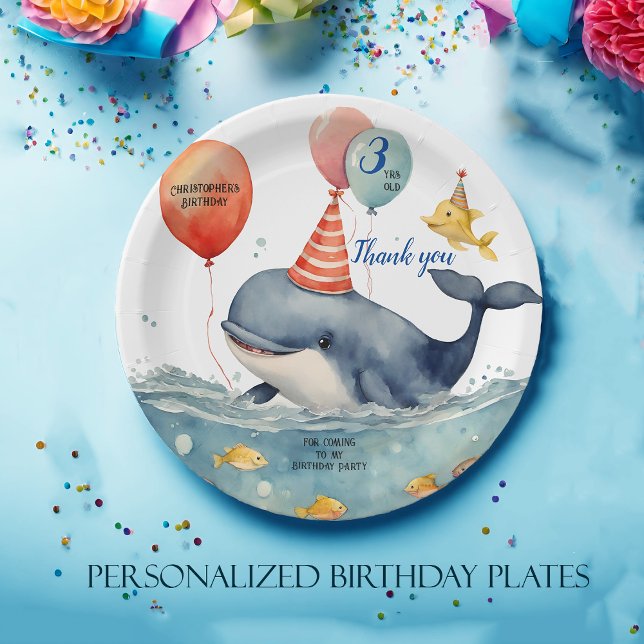 Plato De Papel Cute Whale Boys Cumpleaños Personalizado Gracias (Subido por el creador)