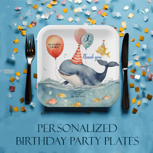 Plato De Papel Cute Whale Boys Cumpleaños Personalizado Gracias