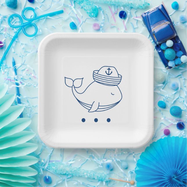 Plato De Papel cute whale nautical theme square party plates (Fiesta)