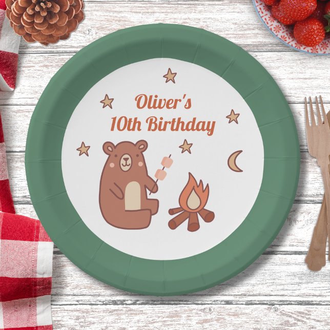 Plato De Papel Cute Whimsical Bear Camping Cumpleaños (Subido por el creador)