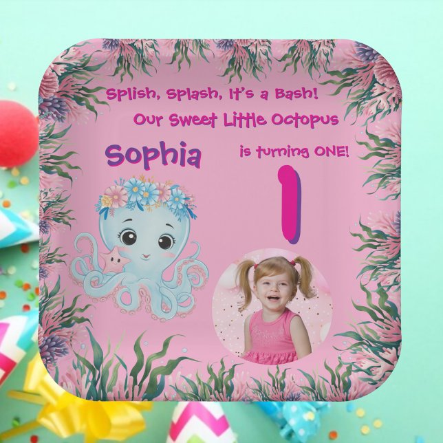 Plato De Papel Cute Whimsical Floral Octopus Girly Cumpleaños (Subido por el creador)