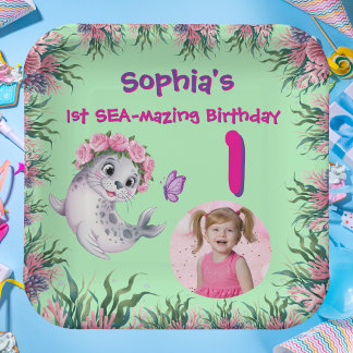 Plato De Papel Cute Whimsical Floral Sea Lion Girly Kids Cumpleañ