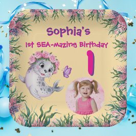 Plato De Papel Cute Whimsical Floral Sea Lion Girly Kids Cumpleañ