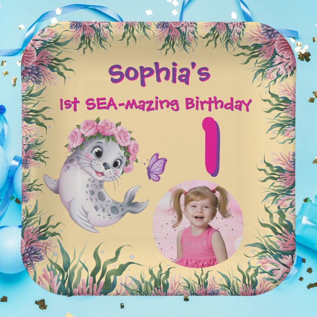 Plato De Papel Cute Whimsical Floral Sea Lion Girly Kids Cumpleañ (Subido por el creador)