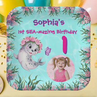 Plato De Papel Cute Whimsical Floral Sea Lion Girly Kids Cumpleañ