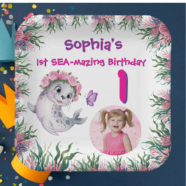 Plato De Papel Cute Whimsical Floral Sea Lion Girly Kids Cumpleañ
