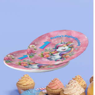 Plato De Papel Cute Whimsical Floral Unicornio Girly 1er cumpleañ