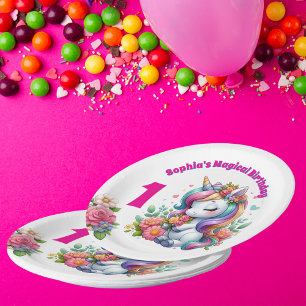Plato De Papel Cute Whimsical Floral Unicornio Girly 1er cumpleañ