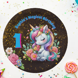Plato De Papel Cute Whimsical Floral Unicornio Girly 1er cumpleañ