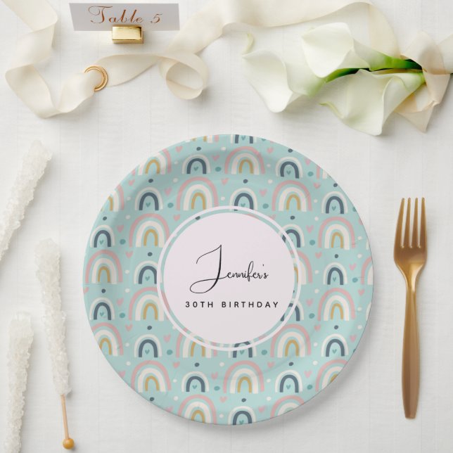 Plato De Papel Cute Whimsical Rainbow Pattern Cumpleaños (Boda)