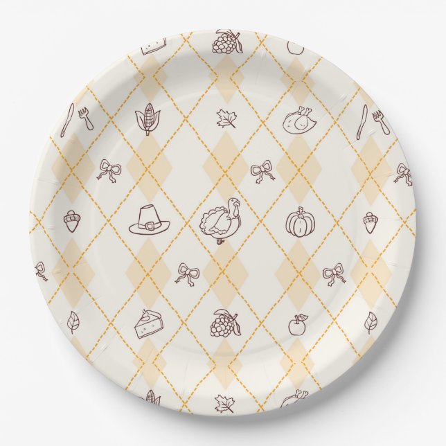 Plato De Papel Cute Whimsy Thankding Doodles Diamond Pattern (Anverso)