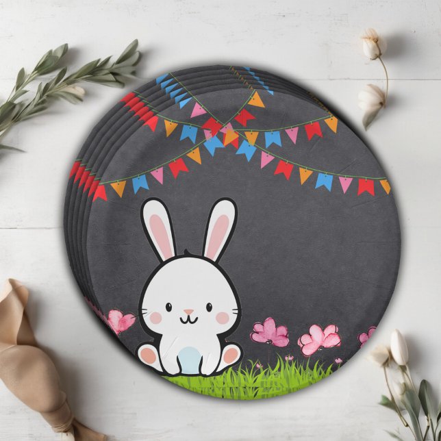 Plato De Papel Cute White Chalkboard Bunny Baby Shower (Subido por el creador)