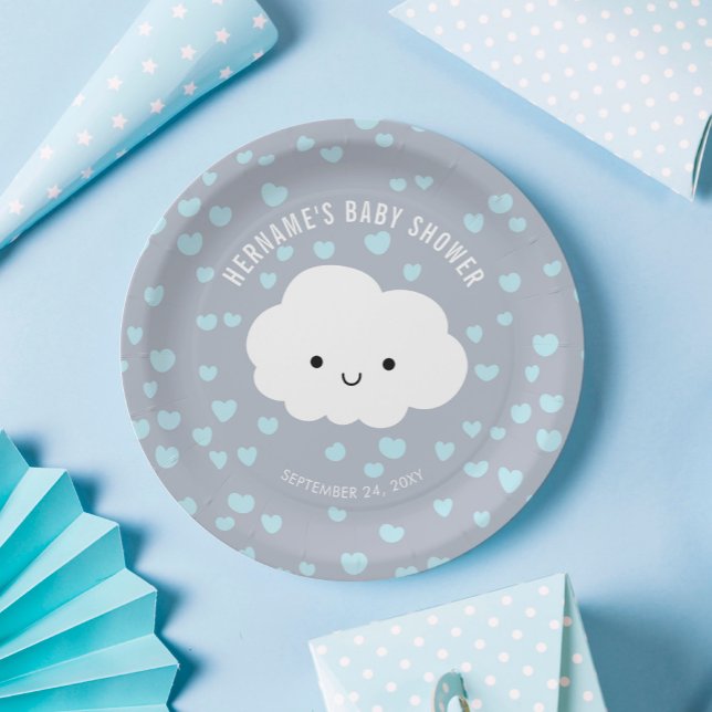 Plato De Papel Cute White Cloud Boy Blue Hearts Gray Baby Shower (Subido por el creador)