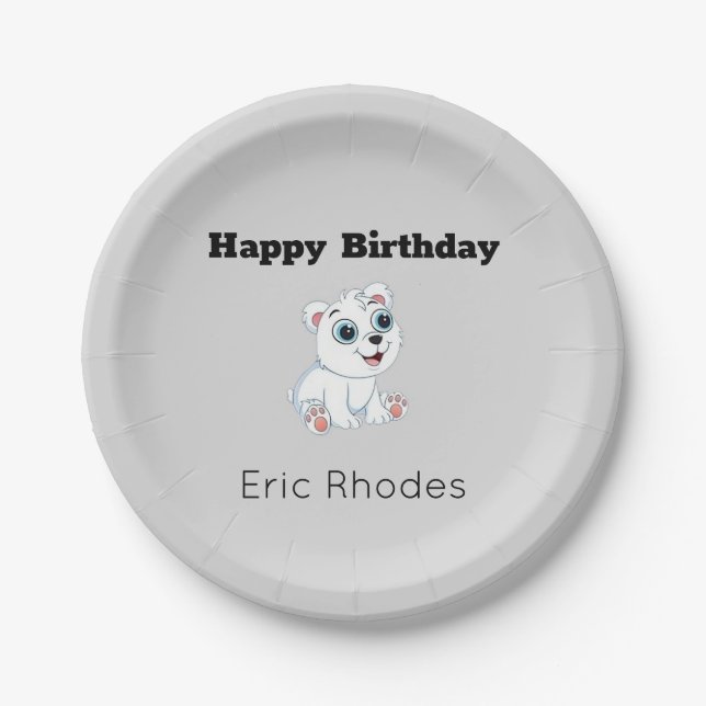 Plato De Papel Cute white polar bear on gray birthday (Anverso)