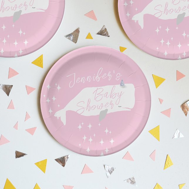 Plato De Papel Cute White Whale Girl Baby Shower Pink   (Subido por el creador)
