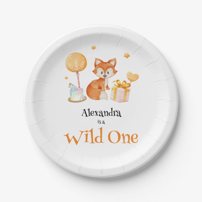 Plato De Papel Cute Wild One Fox Primer Cumpleaños (Anverso)