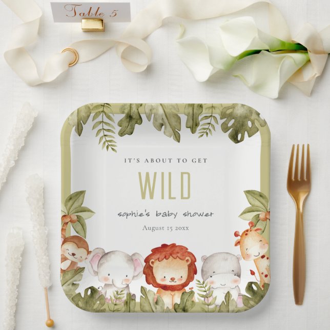 Plato De Papel Cute Wild Tropical Safari Animals Baby Shower (Boda)