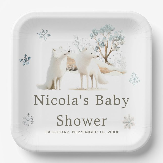 Plato De Papel Cute Winter Arctic Wolf Baby Shower (Anverso)