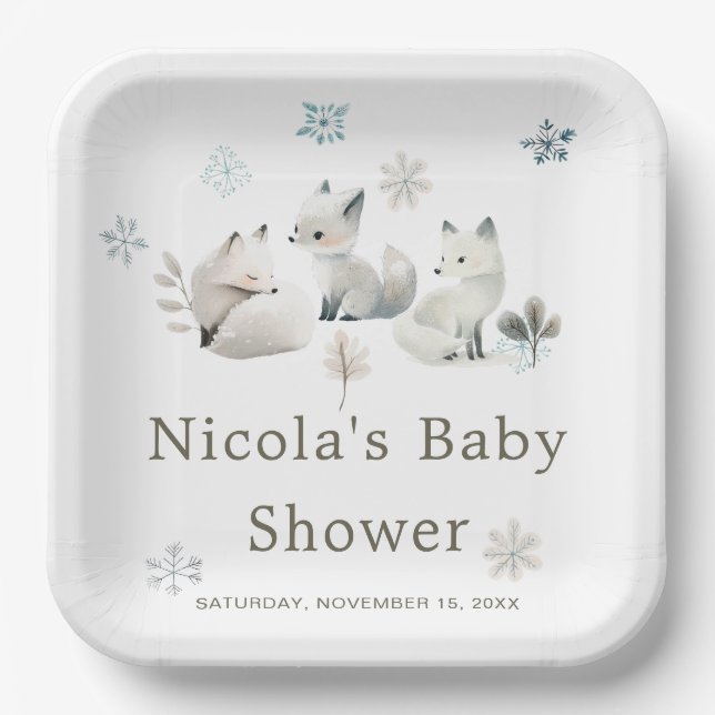 Plato De Papel Cute Winter Arctic Wolf Baby Shower (Anverso)
