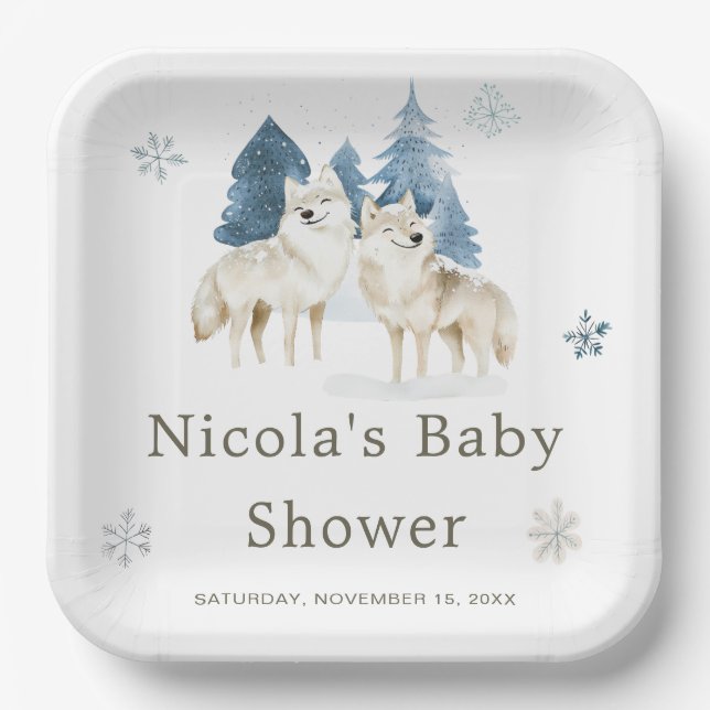 Plato De Papel Cute Winter Arctic Wolf Baby Shower (Anverso)