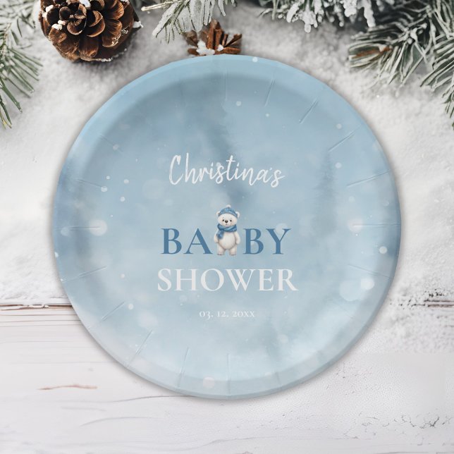 Plato De Papel Cute Winter Bear Blue Baby Shower (Subido por el creador)