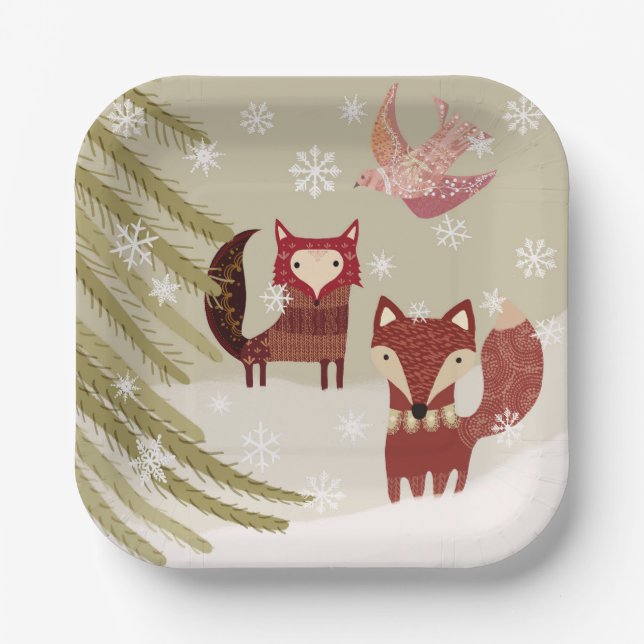Plato De Papel Cute Winter Foxes Placa de papel de 7 pulgadas (Anverso)