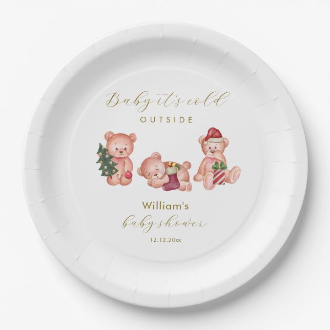 Plato De Papel Cute Winter It's Cold Outside Bear Baby Shower  (Anverso)