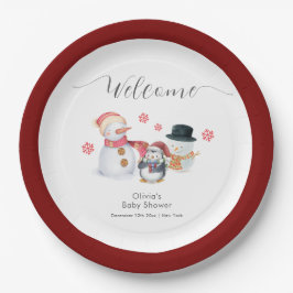 Plato De Papel Cute Winter Penguin Snowman Baby Shower Welcome