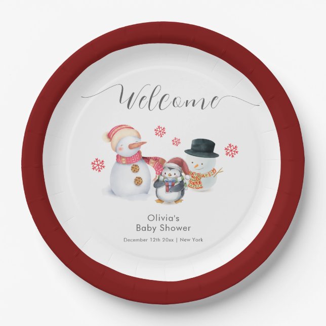 Plato De Papel Cute Winter Penguin Snowman Baby Shower Welcome  (Anverso)
