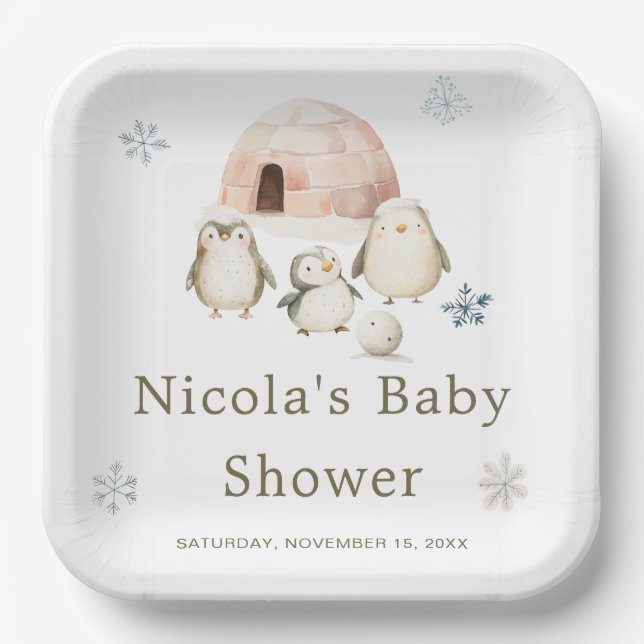 Plato De Papel Cute Winter Penguins Baby Shower (Anverso)