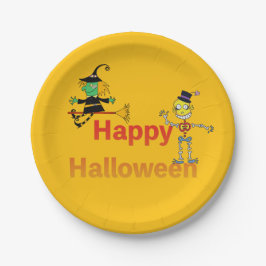 Plato De Papel Cute Witch and Skeleton Halloween Fun