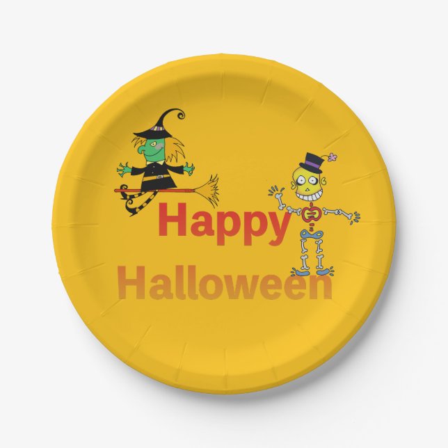 Plato De Papel Cute Witch and Skeleton Halloween Fun (Anverso)